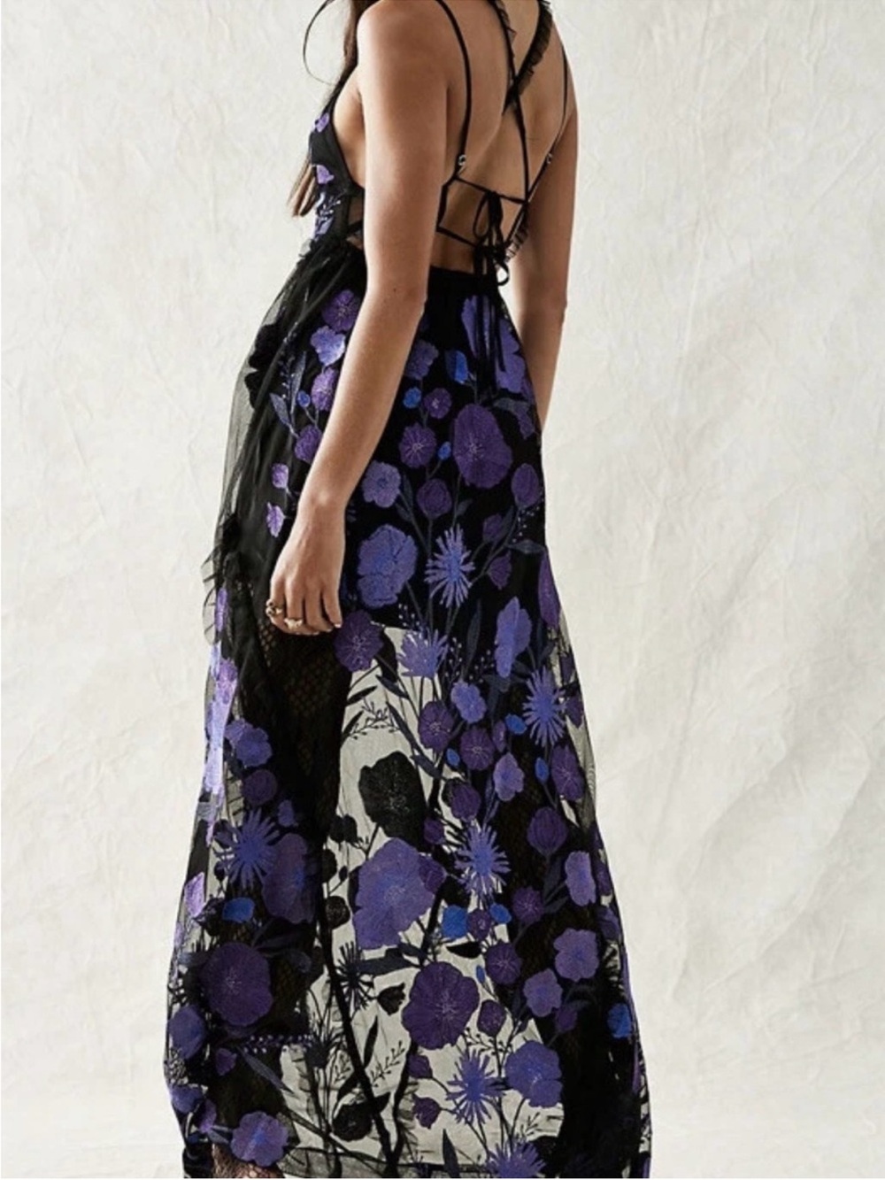 For Love & Lemons Black Maxi Dress with Purple Floral Embroidery - Picture 2 of 9